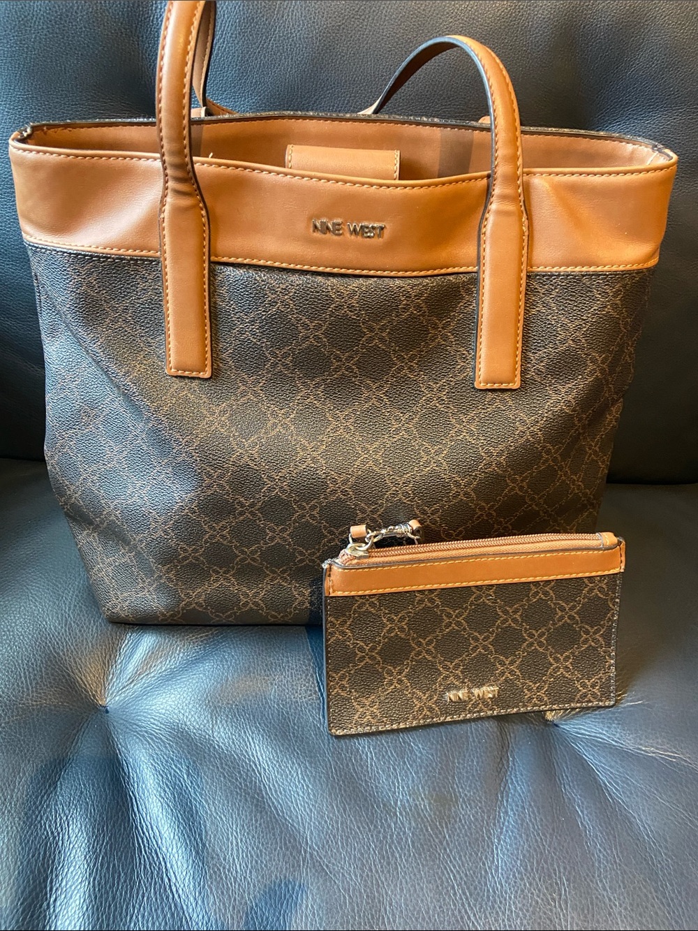 Nine West Brown and Tan Monogram Tote with Matching Wristlet